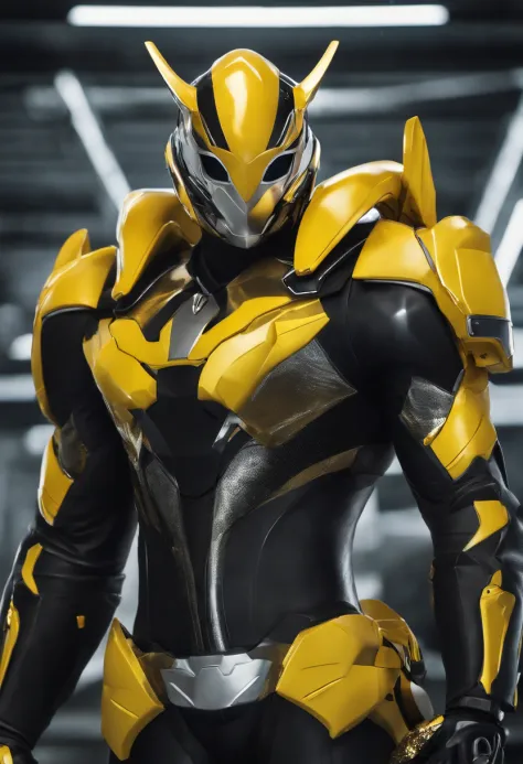 Transformation Hero，Cow motif，Image colorsYellow and black，Sentai Hero，Kamen Rider，Biological suit，Muscular decoration，Hero Suit，An 18-year-old man，The image is a rock，Shining yellow light on space background，Delicately drawn live-action wallpaper