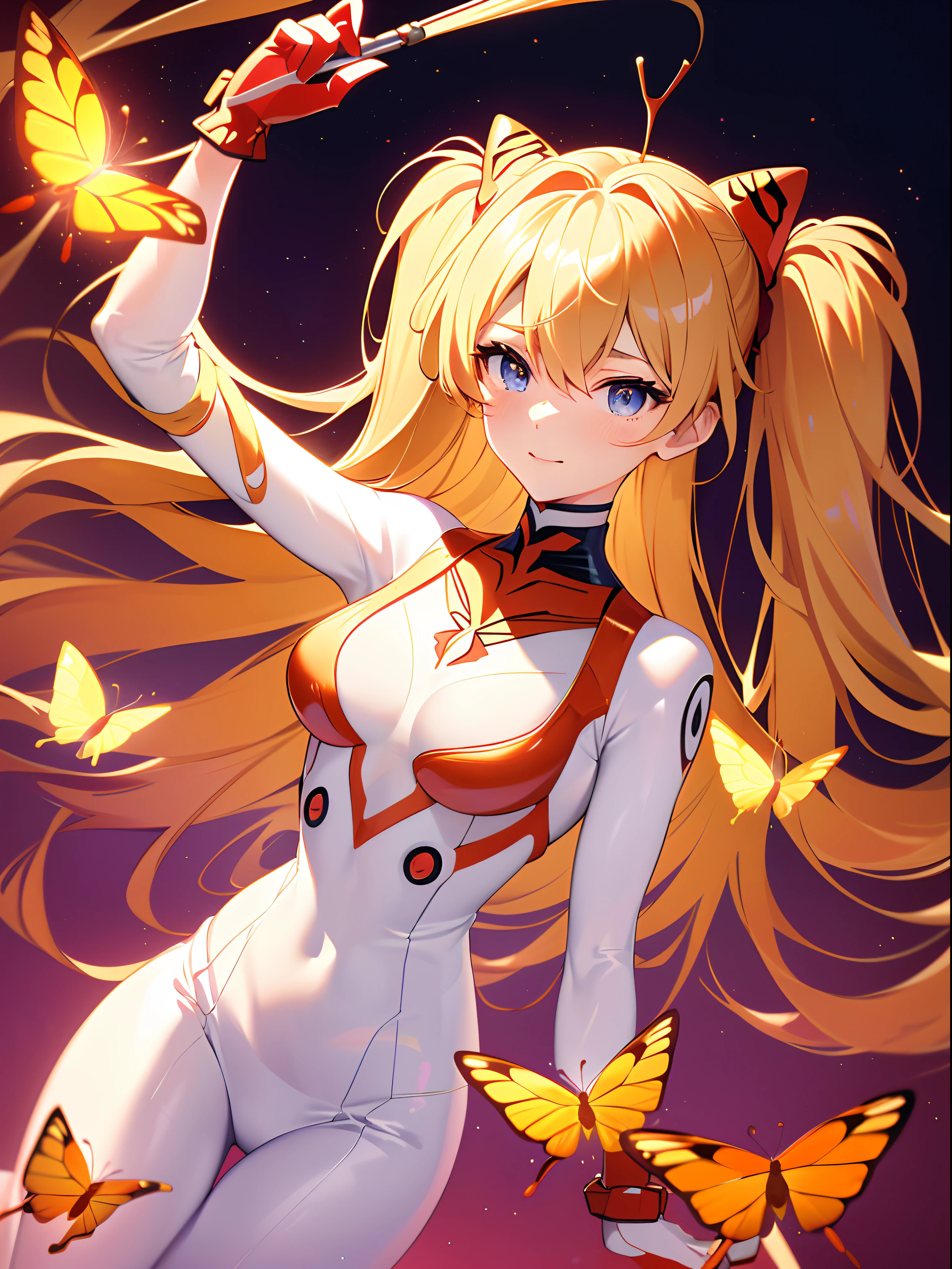 ((souryuu asuka langley,headgear,white skater dress,Blonde,side twintails)),(Glowing eyes:1.233), diffuse reflection, high-profile, majestic,(cunning smile,blushing,adorable face,bishoujo,kawaii,)(Beautiful and detailed eyes:1.3),1girl,Solo,(Masterpiece,Best quality, offcial art,Target the audience, Beautiful and aesthetic:1.2),(超高分辨率,Golden ratio), (4K), ((overview)),(looking from above),crystals necklace,a girl holding oil paper umbrella,kneeling,Floating, (((butterfly field))),(photo maping, Physically-based rendering,automatic white balance),Amazing,Sharp focus,(((holographic))), (((high detailed skin,)))Dynamic lighting,Intricately detailed clothing,Watery eyes,(masterpiece sidelighting),(busty,a beauty girl,The sheen),[[Delicate fingers and hands:0.55]::0.85],(Detail fingers),((((BREAK,Design an image with a fisheye lens effect, capturing a wide field of view with a distinctive, curved perspective.BREAK,)))Superior photographic quality,((extremely_Detailed_Eyes_and_face)),(Disheveled hair),Movie girl,