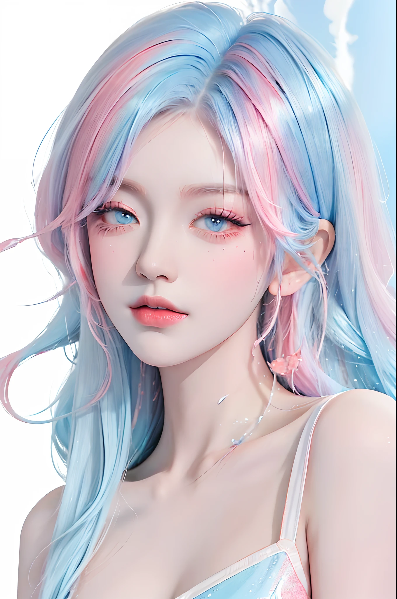 (Masterpiece, Best Quality, High Resolution), White Background, Acrylic Paint, ((Color Splash, Splash of Ink, Color Splash)), Sweet Chinese Girl, Long Light Blue Hair, [Light Blue|Pink] Hair, Curly Hair, Glitter, Peach Lips, White Shirt, Front, Upper Body