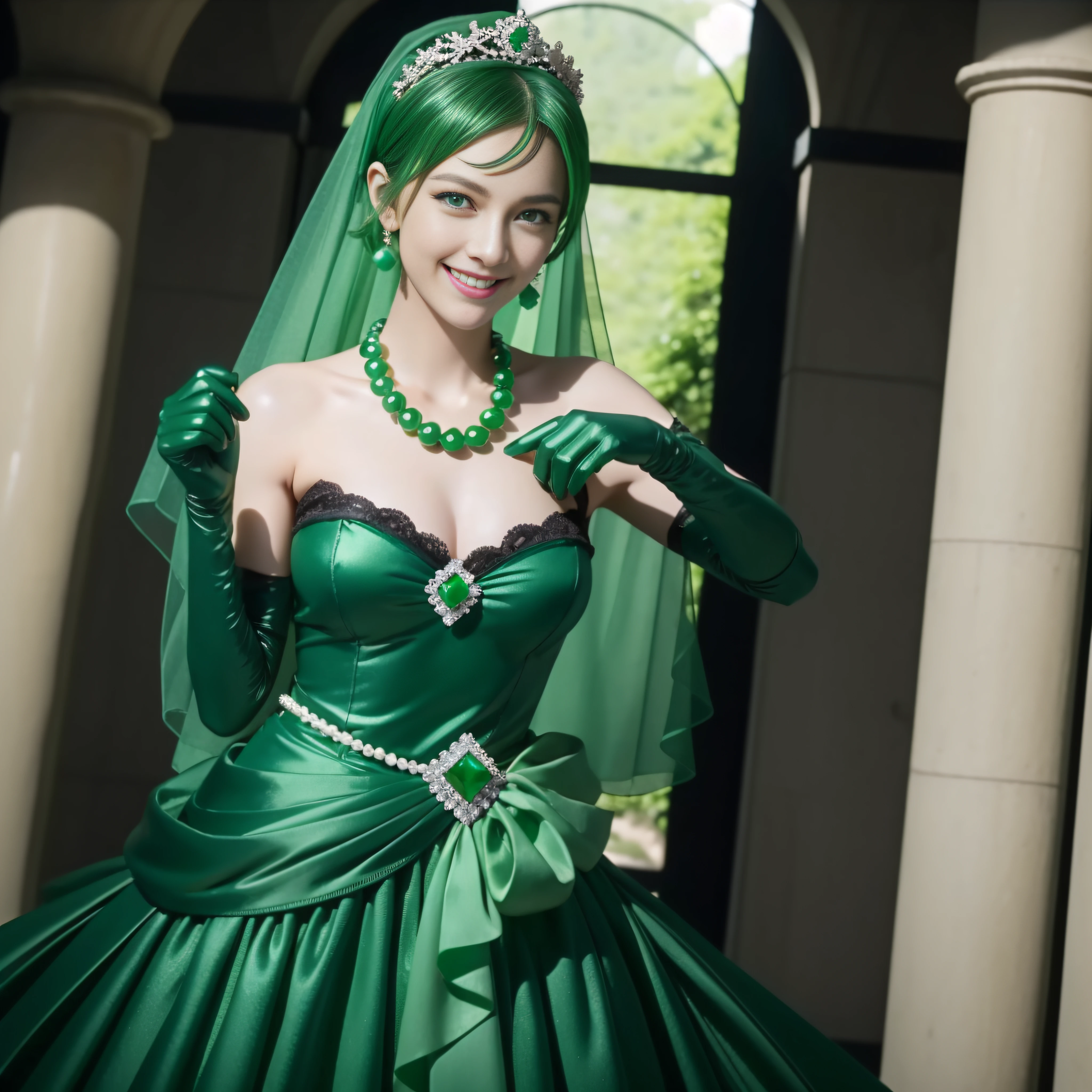 emerald tiara, colar de pérolas verdes, Cabelo verde muito curto de menino, batons, Mulher do Japão sorrindo, cabelo curto muito curto, lindos seios grandes, olhos verdes, Luvas verdes compridas feitas de material acetinado, olhos verdes, Brincos Esmeralda