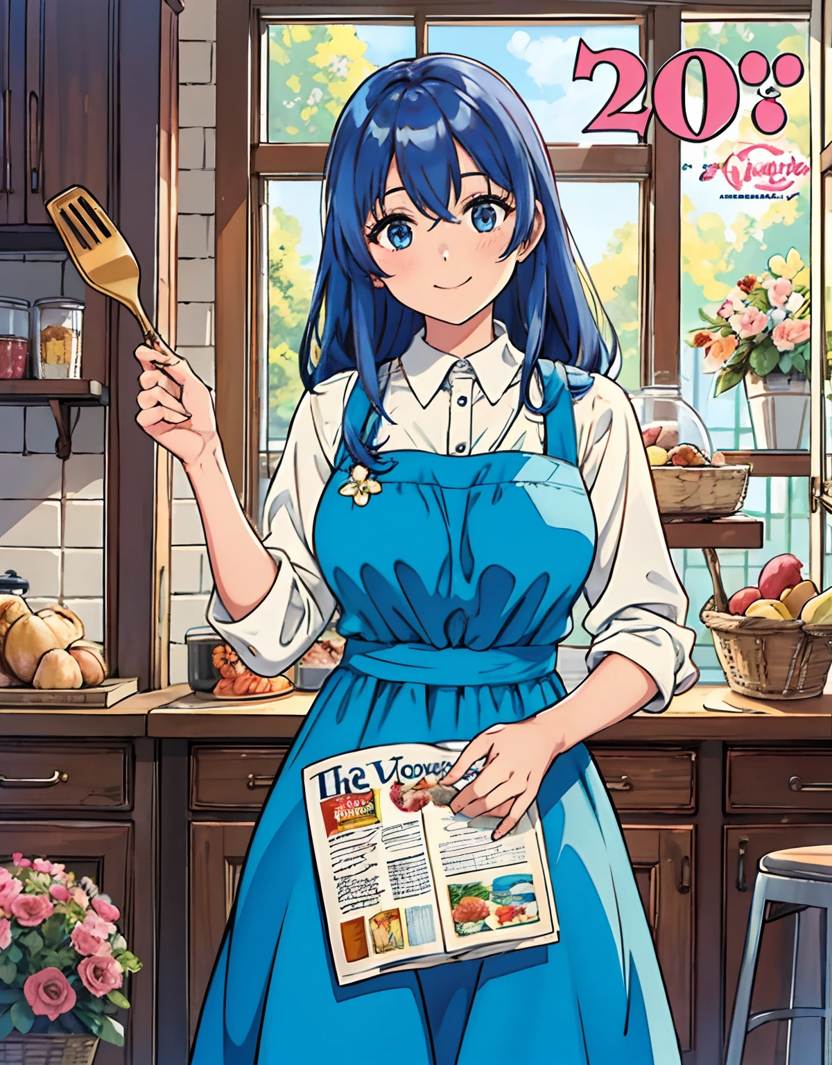 (Best Quality, Masterpiece), Front cover of a women's cooking magazine, 1girl, 30 years old, long blue hair,stunning, cute, heartwarming smile, hourglass figure, wearing floral dress, pinny apron, beautiful food, text, diagrams, advertisements, magazine title