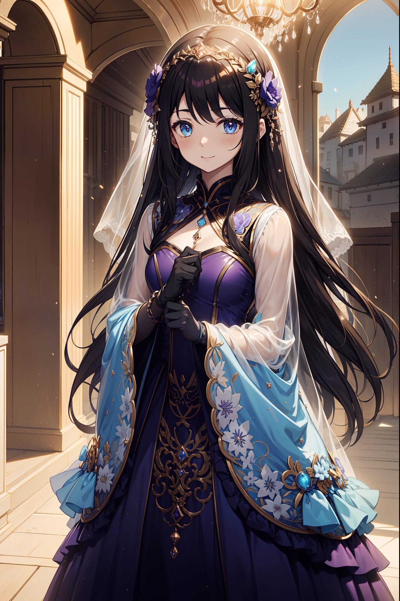 teens girl，Enchanted，having fun，Being in love，Dark black princess dress，Lilac cloth，see-through transparent clothes，exquisite costumes，A small amount of lace，Pattern，Splendid Hall，solo person，blond hairbl，pale blue color eyes，the night