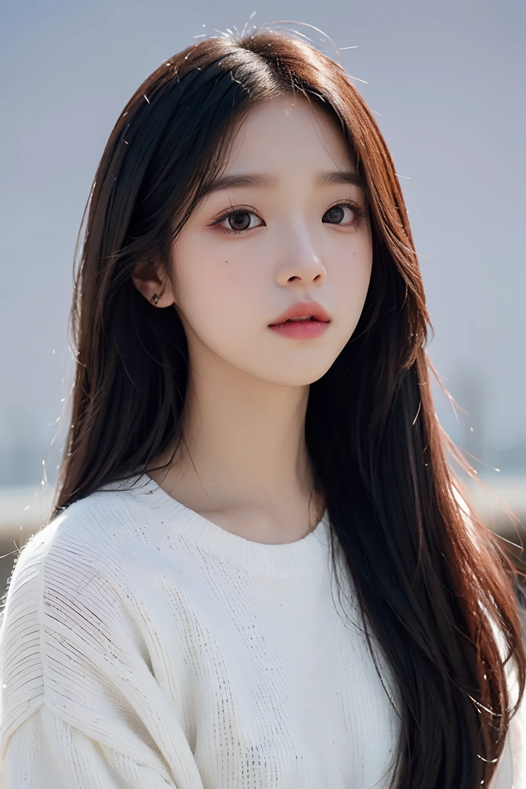 a close up of a person with long hair wearing a white sweater, portrait ...