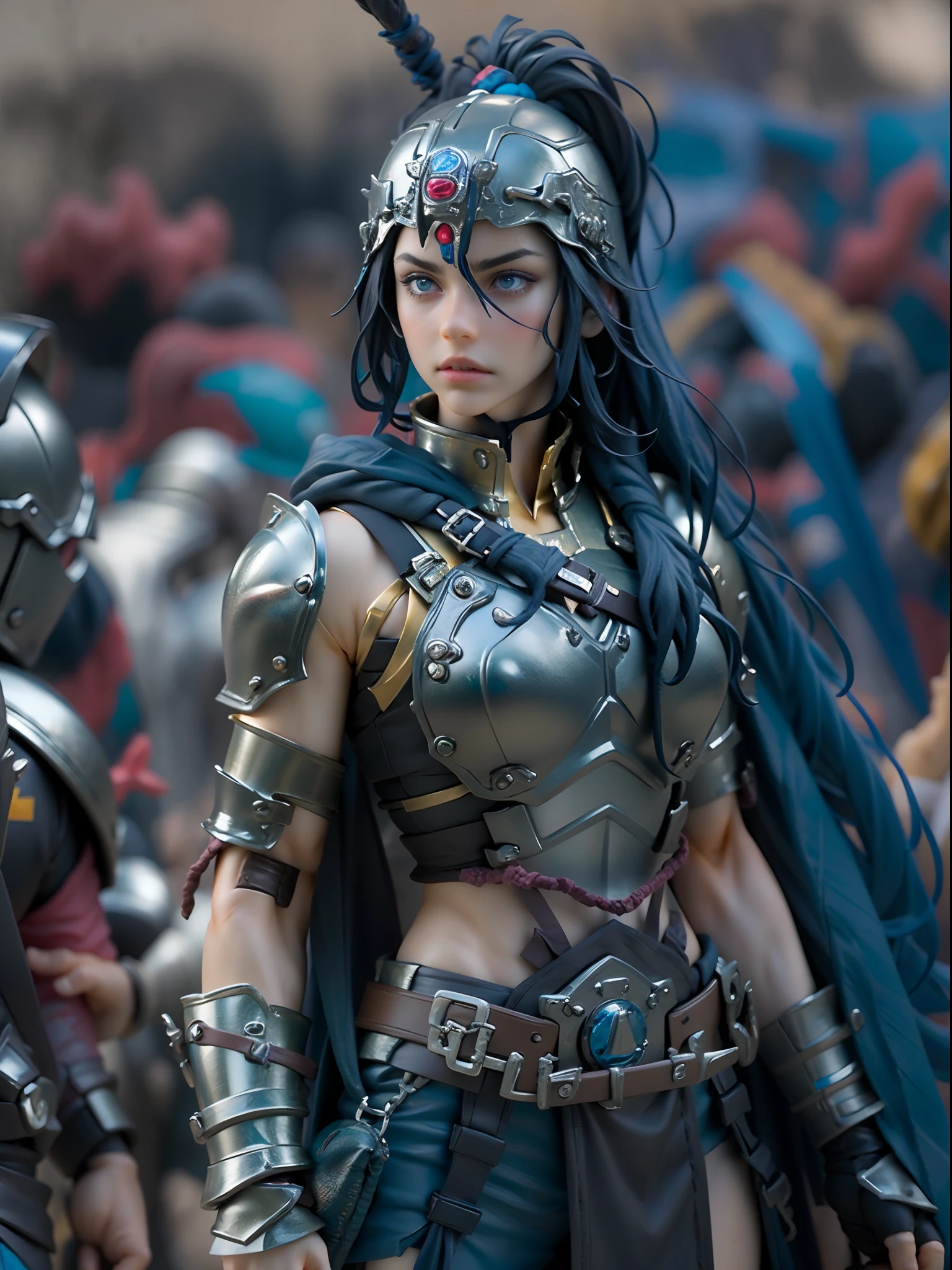 Eine Actionfigur einer charismatischen Göttin mit dunkelblauem Haar, die als fröhliche Kriegerin gekleidet ist und ein Schwert hält, von Hot Toys, Sakimichan, wunderschön, schönes süßes Gesicht, blaue Anime-Augen, Gladiator, roman Gladiator, im Screenshot aus dem Film 300, Gladiator woman, Gladiator armor, Gekleidet in spartanische Rüstung, auf dem Schlachtfeld stehen,kinematographisch, ((Ganzkörperaufnahme)), Apokalypse Landschaft: Gladiators , Actionfilm, ausführlich, Filmkorn, körnig,