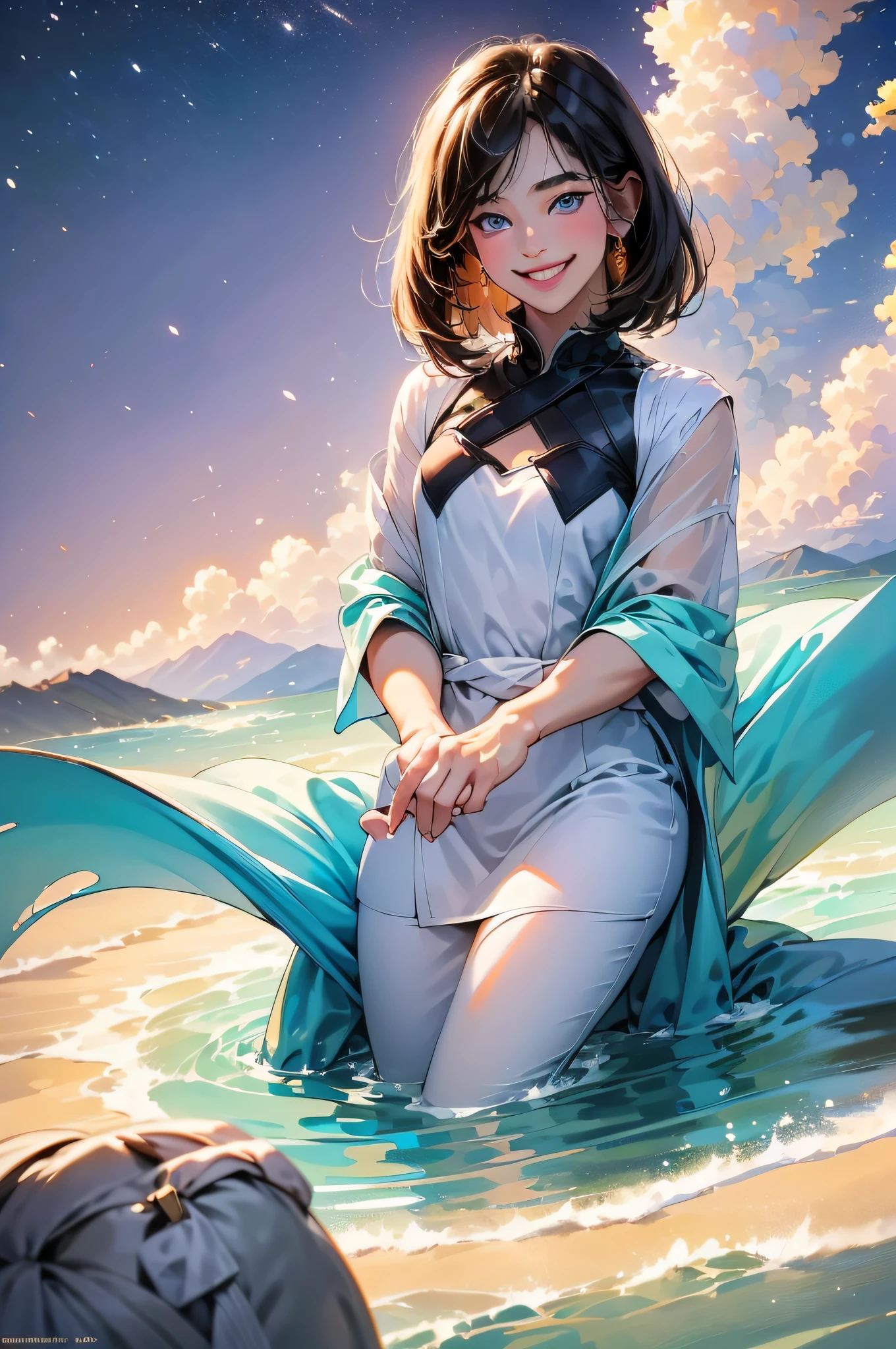 Anime girl sitting on a wave in the ocean with a backpack - SeaArt AI