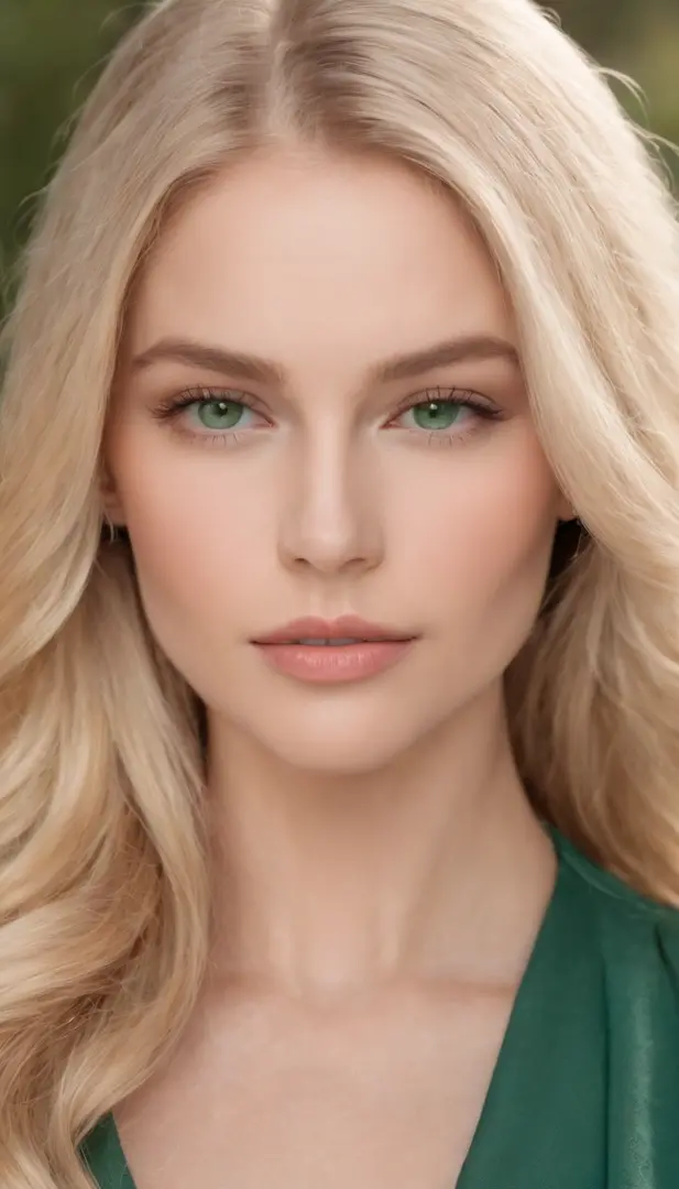 photos realistic  blond long hair, expressive and striking green eyes, Delicate features, defined cheekbones, Soft, rounded chin. bright skin in natural tones,,, Healthy and radiant appearance, 1.68 to 1.Height 70 meters, Slim and gym athletic, Soft curves...