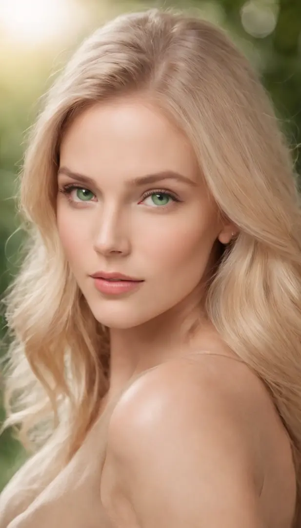photos realistic  blond long hair, expressive and striking green eyes, Delicate features, defined cheekbones, Soft, rounded chin. bright skin in natural tones,,, Healthy and radiant appearance, 1.68 to 1.Height 70 meters, Slim and gym athletic, Soft curves...