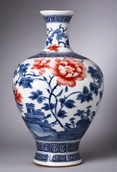 Ancient Chinese blue and white porcelain vase，Close-up of details，,Well-made porcelain vases，Sleek shape，Exquisite，The porcelain vase has exquisite painting patterns on it，Porcelain white bottle，Ancient peony flower pattern，Dazzling light，Elevation viewing...