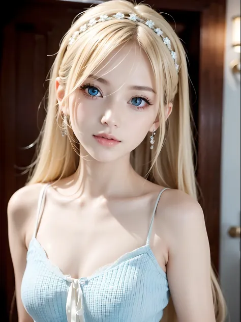 Extraordinary sexy beauty、Beautiful, Gentle and cheerful look、Sexy refreshing appearance、Perfect beautiful cute face、Short ponytail、long bangs between eyes,、Super Long Blonde Straight Hair、Beautiful facial hair、Very cute beautiful sexy young little woman、V...