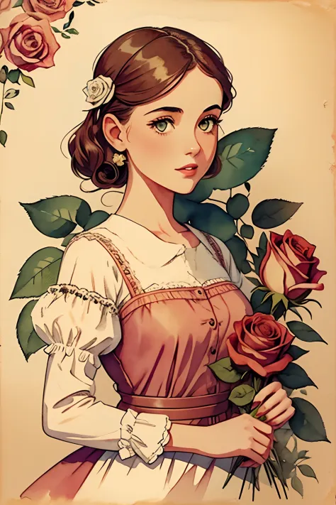 girl with, Vintage Rose, scattered watercolor, vintage
