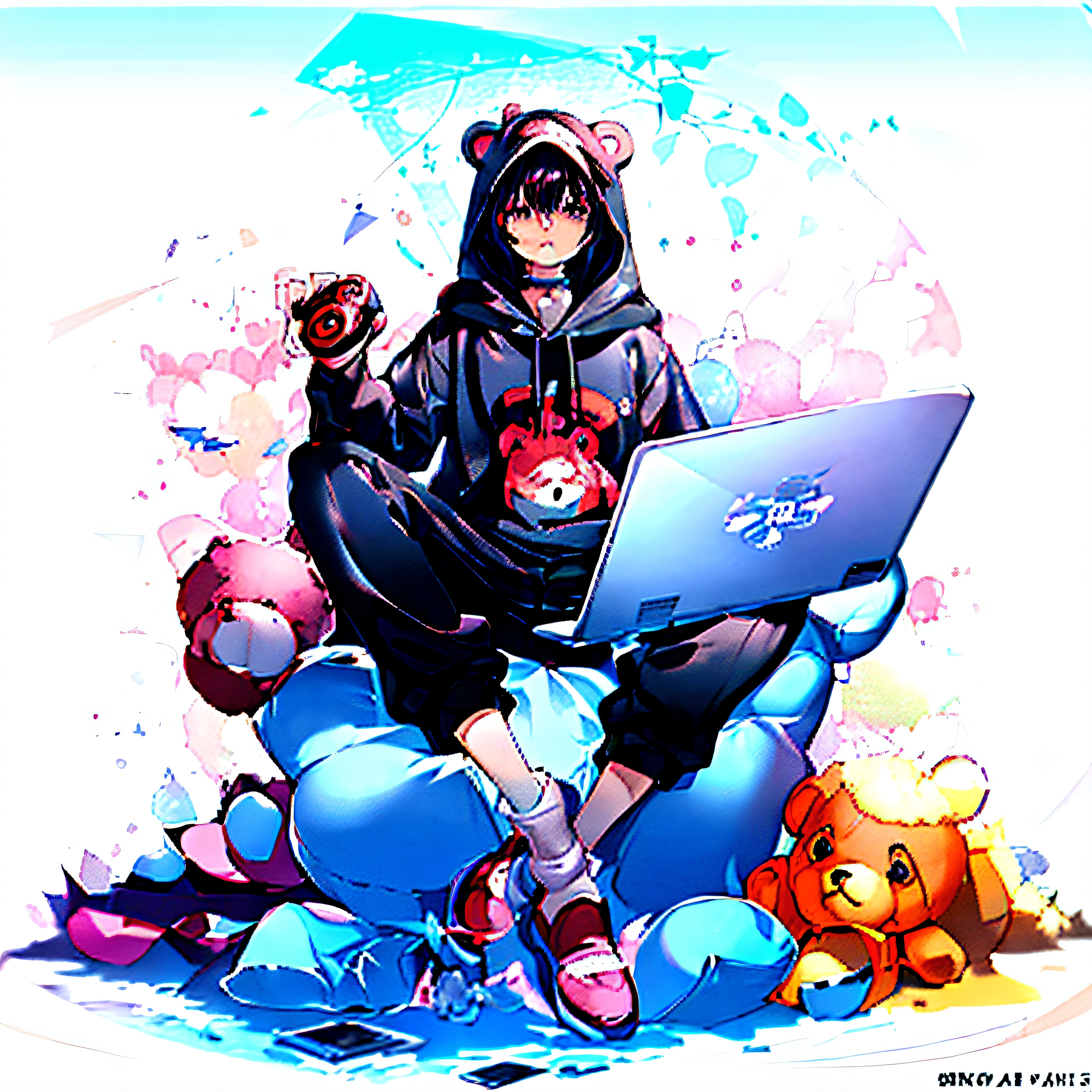 Anime character sitting on a pile of stuffed animals using a laptop -  SeaArt AI