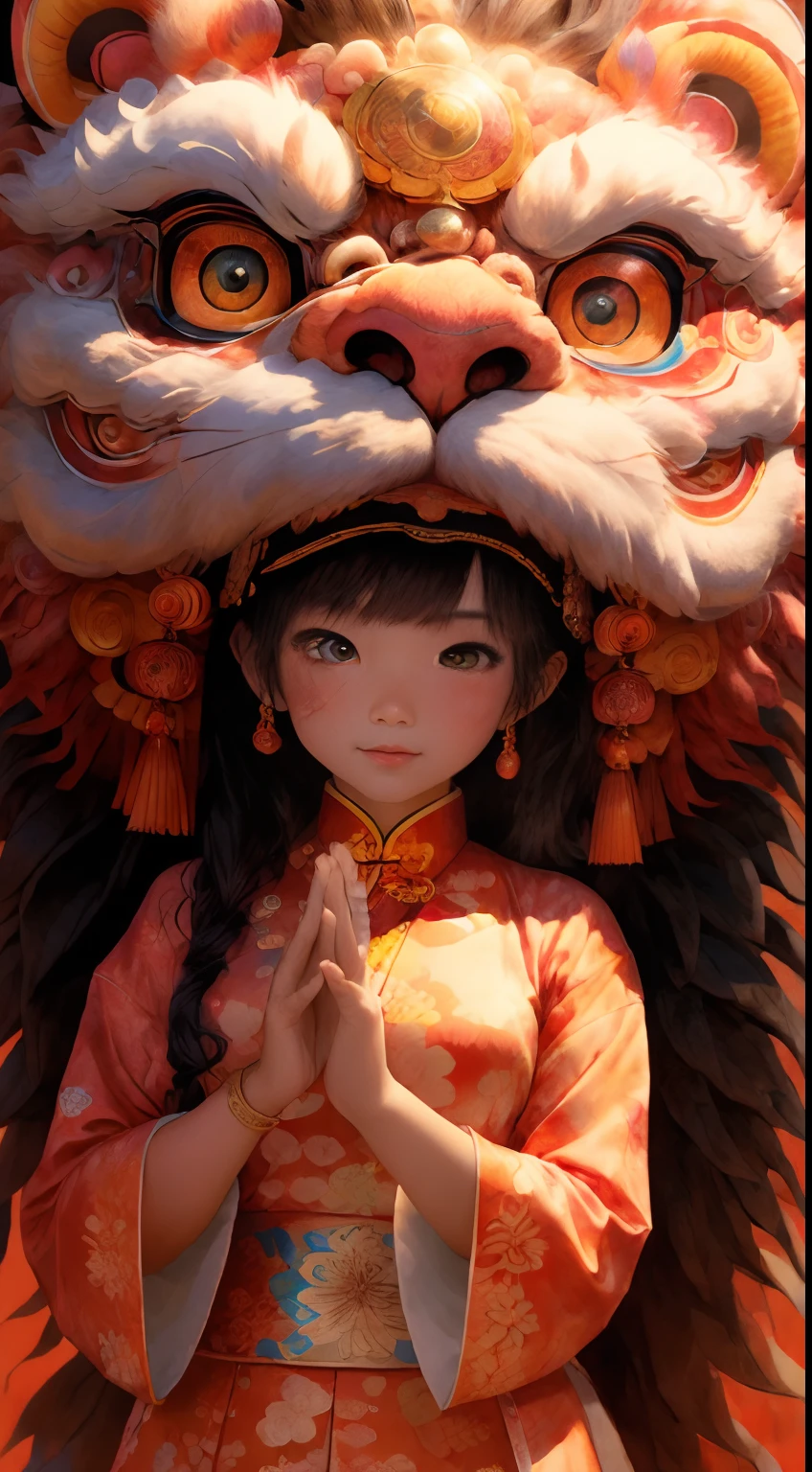 （tmasterpiece，top Quority，best qualtiy，offcial art，Beauty and aesthetics：1.2），1girll, Clear facial features，looks into camera, pretty eyes，Solo, lion dance，dynamicposes，Chinese clothes， Holding a delicate lion's head, Brightly colored lions, Traditional Chinese art, Expressive lion dance, Red lanterns，Chinese Year， China-style，red colour，，The is very detailed，（s fractal art：1.2），Extremely colorful，Most detailed，tmasterpiece，best qualtiy，high qulity，A high resolution，16k，primitive，超A high resolution，Hyper-detailing，finely detailled，Very fine and beautiful，The is very detailed，True shadows，anime big breast，Highly detailed painting，Award-winning glamour paintings，Wonderful painting，art-style，Stylized，