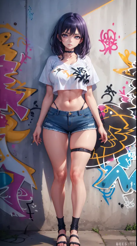 Diona Genshin Effect, master-piece, bestquality, 1girls, oversized breasts, bara, crop top, shorts jeans, choker, (Graffiti:1.5), Splash with purple lightning pattern., arm behind back, against wall, View viewers from the front., Thigh strap, Head tilt, bo...