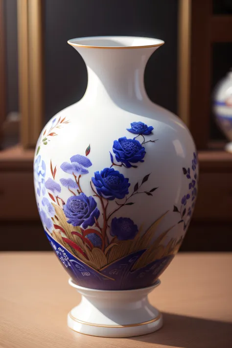 Fahua porcelain vase，Close-up of details，Well-made porcelain vases，The porcelain vase has exquisite painting patterns on it，Dazzling light，Elevation viewing angle，3D，8K，Color decoration，artwork of a