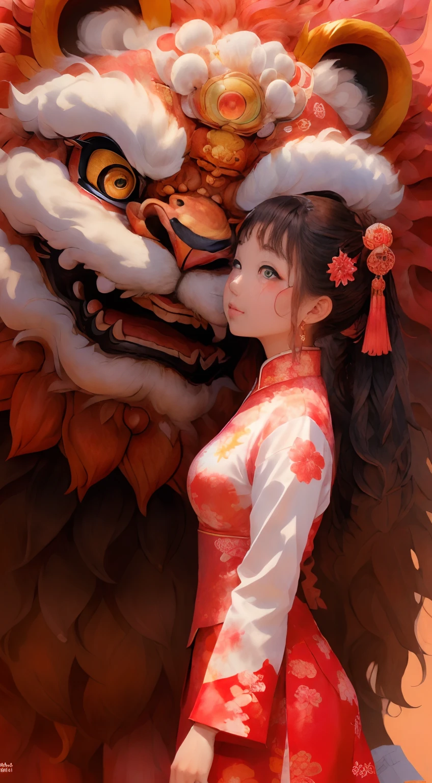 （tmasterpiece，top Quority，best qualtiy，offcial art，Beauty and aesthetics：1.2），1girll, （Clear facial features：1.5），looks into camera, pretty eyes，Solo, lion dance，dynamicposes，Chinese clothes， Holding a delicate lion's head, Brightly colored lions, Traditional Chinese art, Expressive lion dance, Red lanterns，Chinese Year， China-style，red colour，，The is very detailed，（s fractal art：1.2），Extremely colorful，Most detailed，tmasterpiece，best qualtiy，high qulity，A high resolution，16k，primitive，超A high resolution，Hyper-detailing，finely detailled，Very fine and beautiful，The is very detailed，True shadows，anime big breast，Highly detailed painting，Award-winning glamour paintings，Wonderful painting，art-style，Stylized，