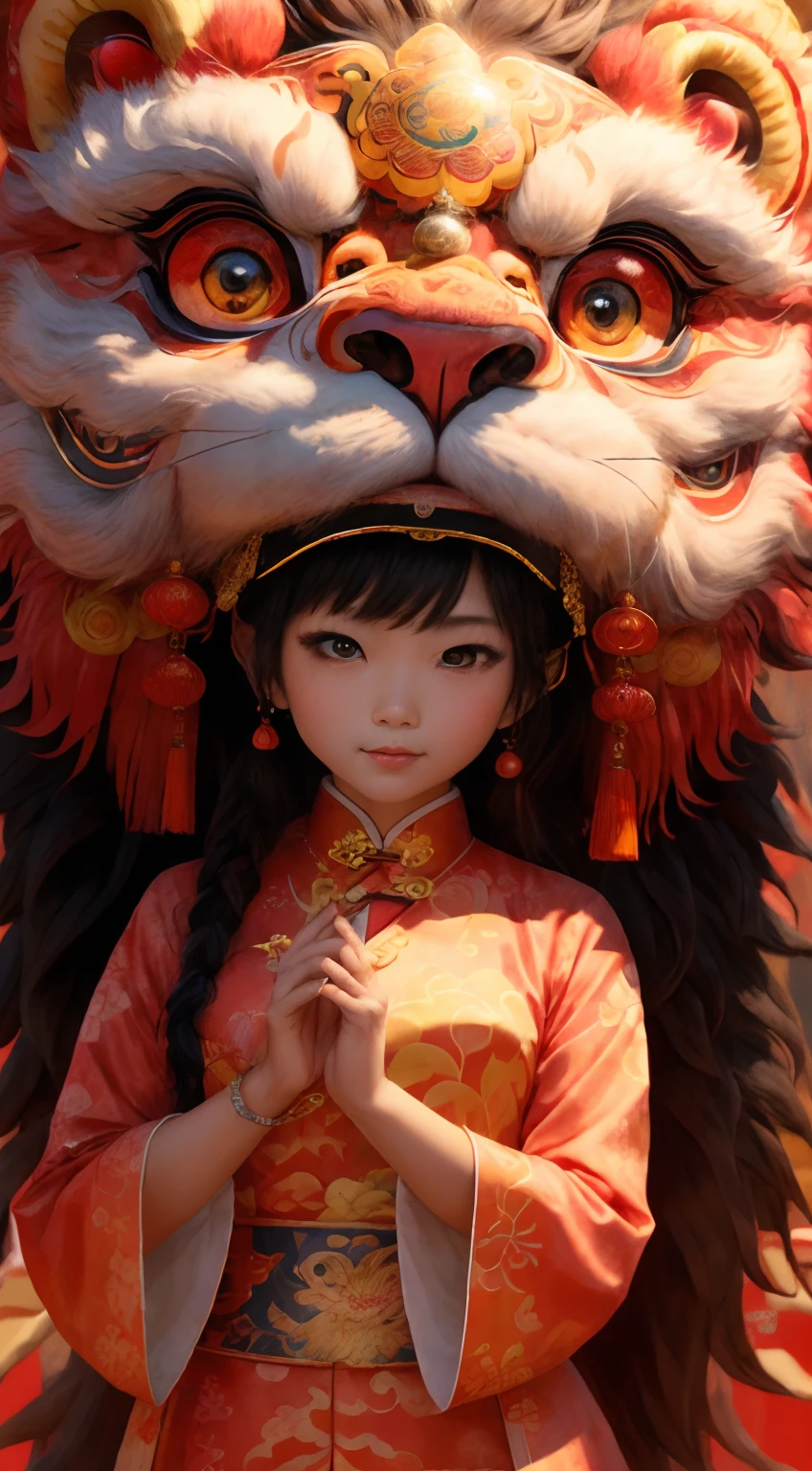 （tmasterpiece，top Quority，best qualtiy，offcial art，Beauty and aesthetics：1.2），1girll, Clear facial features，looks into camera, pretty eyes，Solo, lion dance，dynamicposes，Chinese clothes， Holding a delicate lion's head, Brightly colored lions, Traditional Chinese art, Expressive lion dance, Red lanterns，Chinese Year， China-style，red colour，，The is very detailed，（s fractal art：1.2），Extremely colorful，Most detailed，tmasterpiece，best qualtiy，high qulity，A high resolution，16k，primitive，超A high resolution，Hyper-detailing，finely detailled，Very fine and beautiful，The is very detailed，True shadows，anime big breast，Highly detailed painting，Award-winning glamour paintings，Wonderful painting，art-style，Stylized，