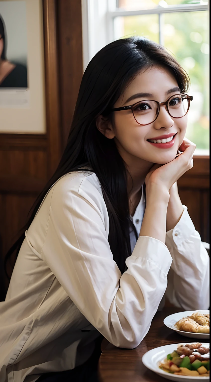 smiling woman in glasses sitting at a table with a plate of food, cindy ...