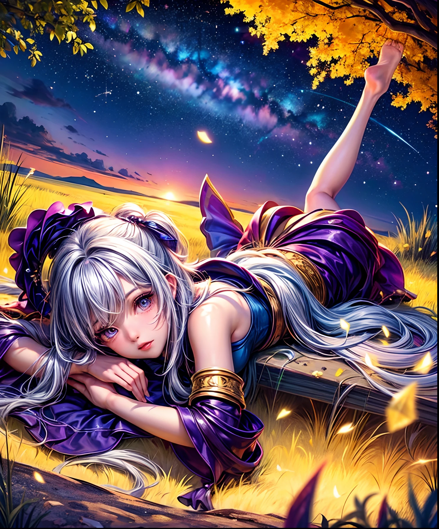 Describe a scene where a cute girl character is lying on a grassy hill, Looking up at the starry sky. Surround her with colorful nebulae and her favorite constellations.