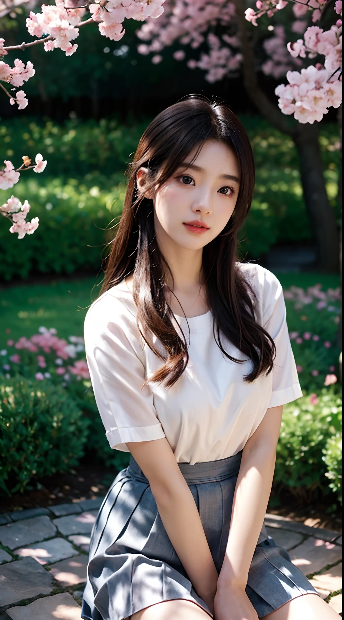 Best quality, 4K,8K,Realistic, Photorealistic, extremely detaile, An extremely delicate and beautiful, RAW photo, Japanese and Korean beauties，South Korean beauties，Wear JK, ，Large breasts，Detailed eyes and lips, Beautiful hair, joyful expressions, Surrounded by cherry blossom trees, It has a kawaii anime style, In a picturesque garden full of sunshine. The artwork is of the best quality, With ultra-detailed features and realistic, Realistic touch. vibrant with colors，The lighting creates a warm atmosphere, Dreamy atmosphere.