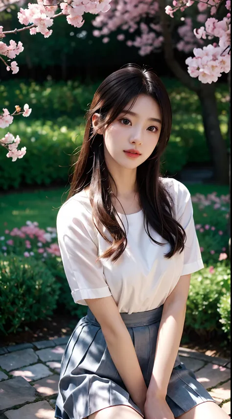 Best quality, 4K,8K,Realistic, Photorealistic, extremely detaile, An extremely delicate and beautiful, RAW photo, Japanese and Korean beauties，South Korean beauties，Wear JK, mini-skirts，Large breasts，Detailed eyes and lips, Beautiful hair, joyful expressio...