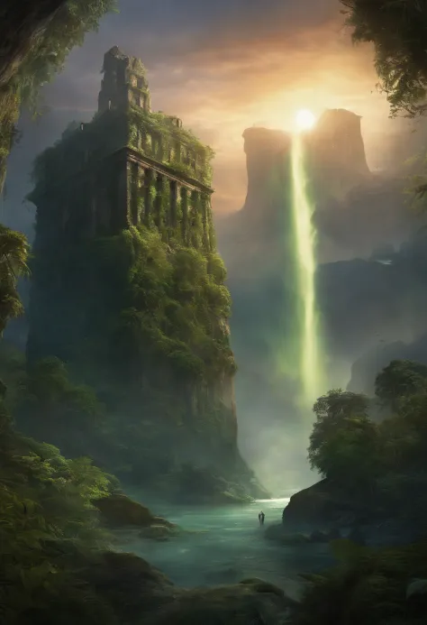"In a distant, alien world, a group of explorers stumbles upon an ancient, overgrown city. The city is perched on the edge of a colossal waterfall, with towering, bioluminescent trees surrounding it. As they venture deeper into the city's ruins, they uncov...
