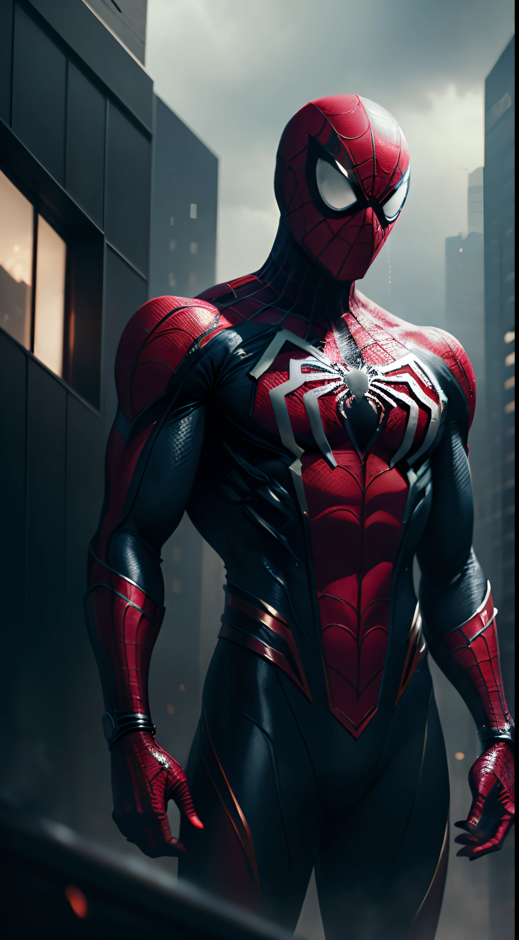 Spiderman in black suit, masculine figure, top of a building, dark ...