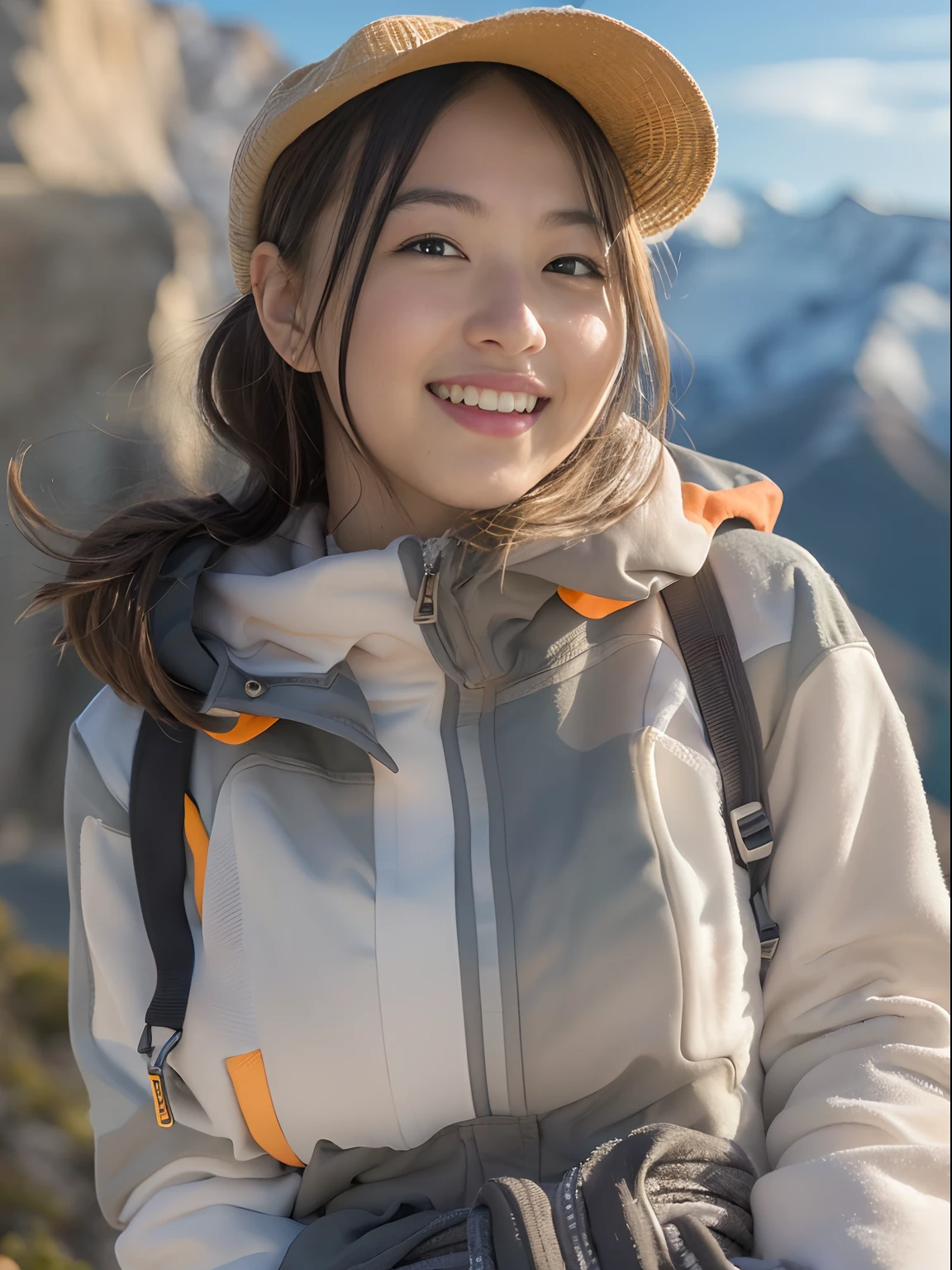 realisticlying、Snow-capped climbing、Outdoor Fashion Girl、Mountain from the cliff々々View、Portrait、Orange sunset、Happy smile、realisitic、Background ball blur、Happy smile、An 18-year-old woman、