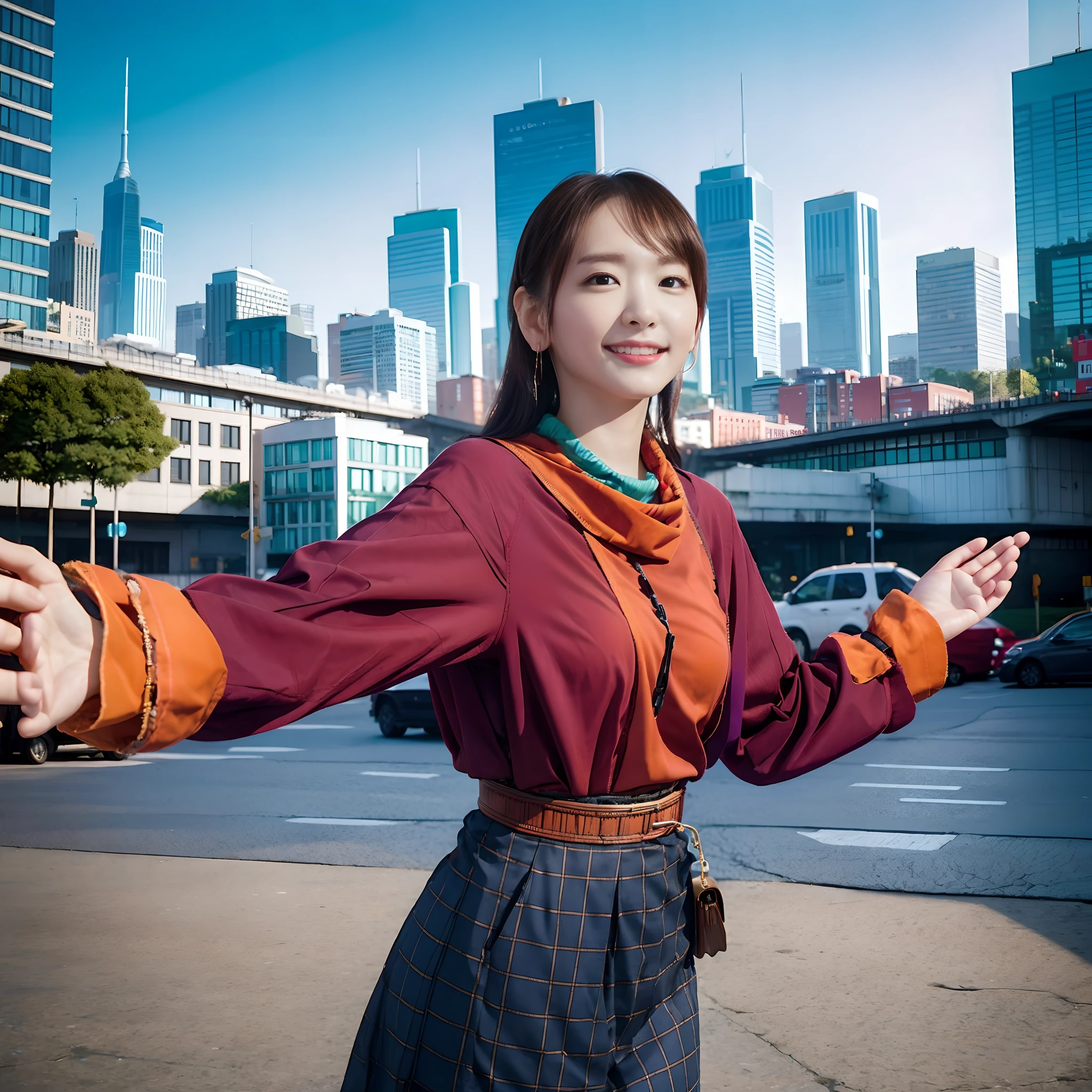 位於繁華大都市的中心, 一位年輕女子是城市生活活力的光輝見證. Her attire is a vivid tapestry of 顏色s, 每個色調無縫地融入下一個色調. 飘逸的裙子, 讓人想起夕陽下溫暖的懷抱, 優雅地圍繞著她. 深沉的橙色和熱情的紅色似乎與城市的節奏一起舞動. 在樂團中名列前茅, 合身的天藍色襯衫形成了清爽的對比, 與天際線上方無邊無際的天空相呼應. 多種配件增添了額外的魅力: 俏皮圖案的圍巾, 像寶石一樣閃閃發光的耳環, 以及散發著青春活力的薄荷綠手提包. 當她穿梭在熙熙攘攘的街道上時, 她的腳步充滿自信，引人注目並令人欽佩. 她的笑聲和微笑就像這座城市脈動的能量一樣具有感染力. 高聳的摩天大樓在她周圍拔地而起, their mirrored surfaces reflecting the kaleidoscope of 顏色s that adorn her form, 與城市全景無縫融合. 在這首城市交響樂中, 她是這座城市充滿活力的精神的生動體現, 一個與周圍環境的動態節奏相協調的美麗女孩. 一起, 他們創造了生活的畫面, 顏色, 以及讓所有遇到它的人著迷的不間斷的運動.