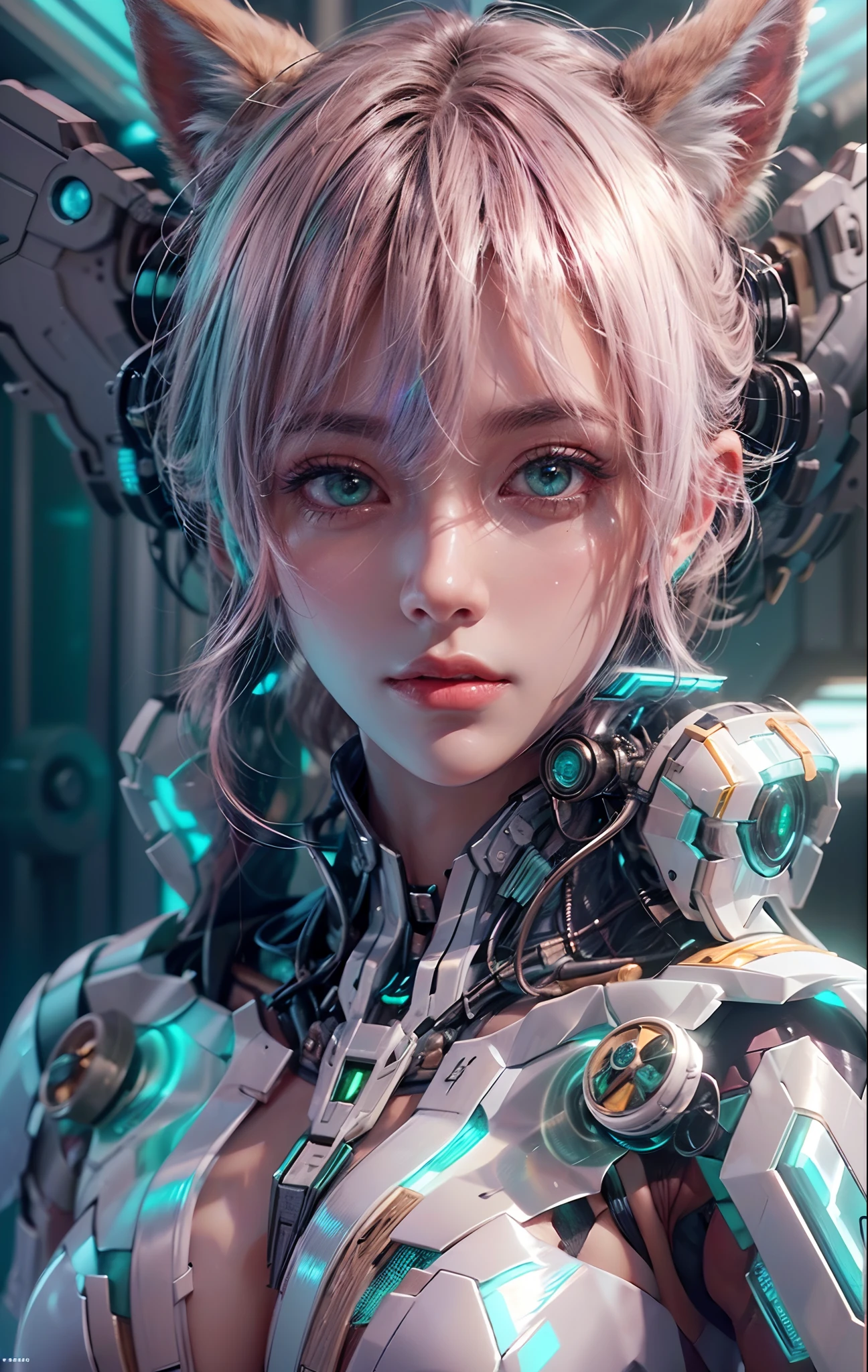 close up shot, cinematic shot, 

a beautiful fox mecha girl, twin tail, cool, elegant, pink hair, blue mecha halo, green eyes, white mecha wings, detailed blue mecha suit, detailed mecha body, detailed accessories, hyper detailed mechanical industrial room background, suggestive pose,

((very strong light on face, cinematic lighting, volumetric lighting, iridescent lighting reflection, reflection, beautiful shading, head light, back light, natural light, ray tracing, symmetrical, ray tracing, post-processing, global illumination)),

hyper realistic, photo realistic, ultra-HD, 64k, HDR, masterpiece, professional artwork, professional character design