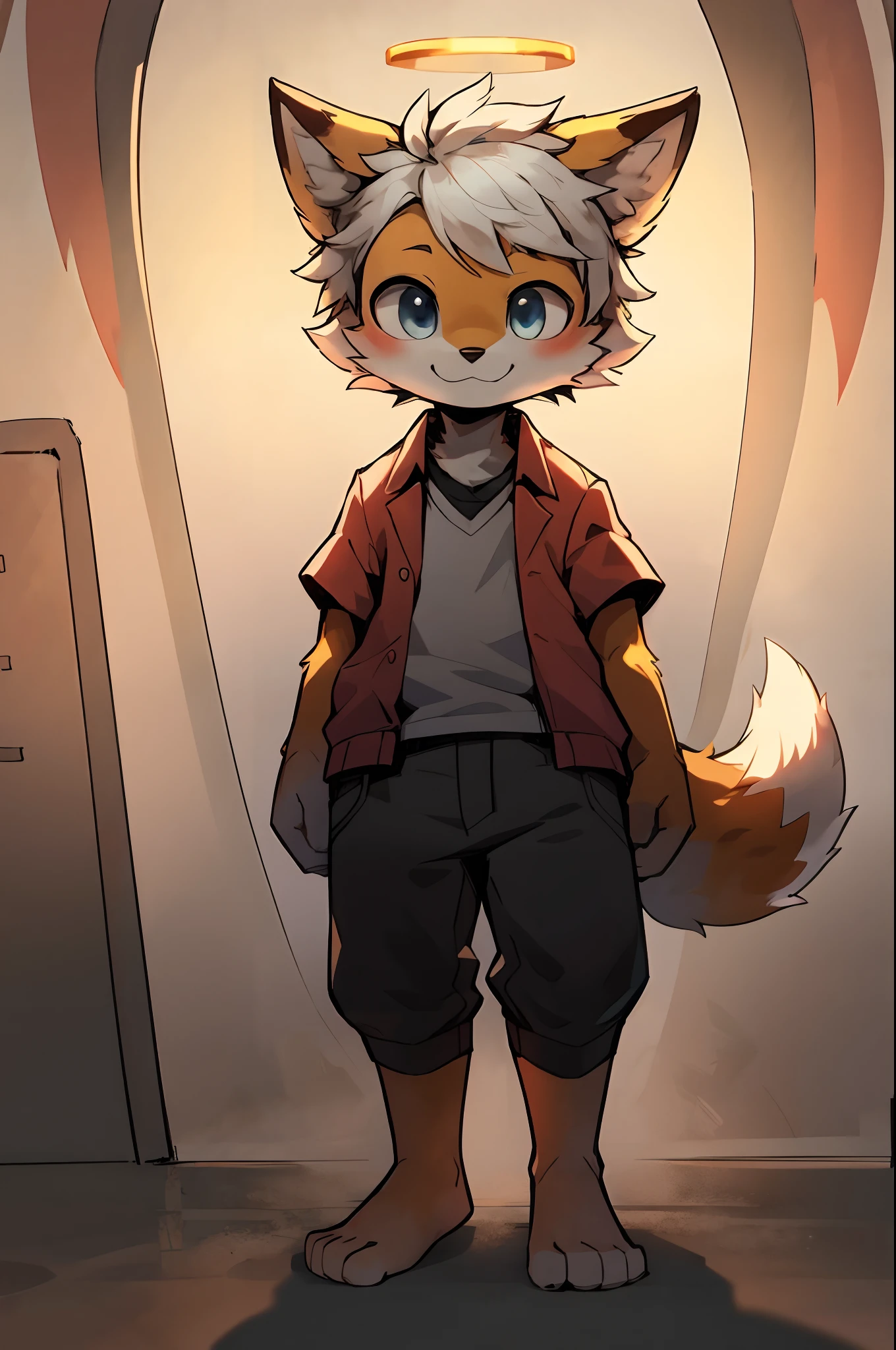 Shota，Fox, White color hair ，organge color fur, male people，Q version，（toddlers，baby）， adolable， standing on your feet， Master masterpieces， A high resolution，8K，detailedbackground，high high quality，Libido boy，（（（独奏））），(angelic halo，White clothes，The barefoot：0.6)，looking at viewert，angle of view，From above，Dreamlike，magical，baiyun，（Warm light source：1.2），upper sky，On the clouds，A happy expression，shorter pants