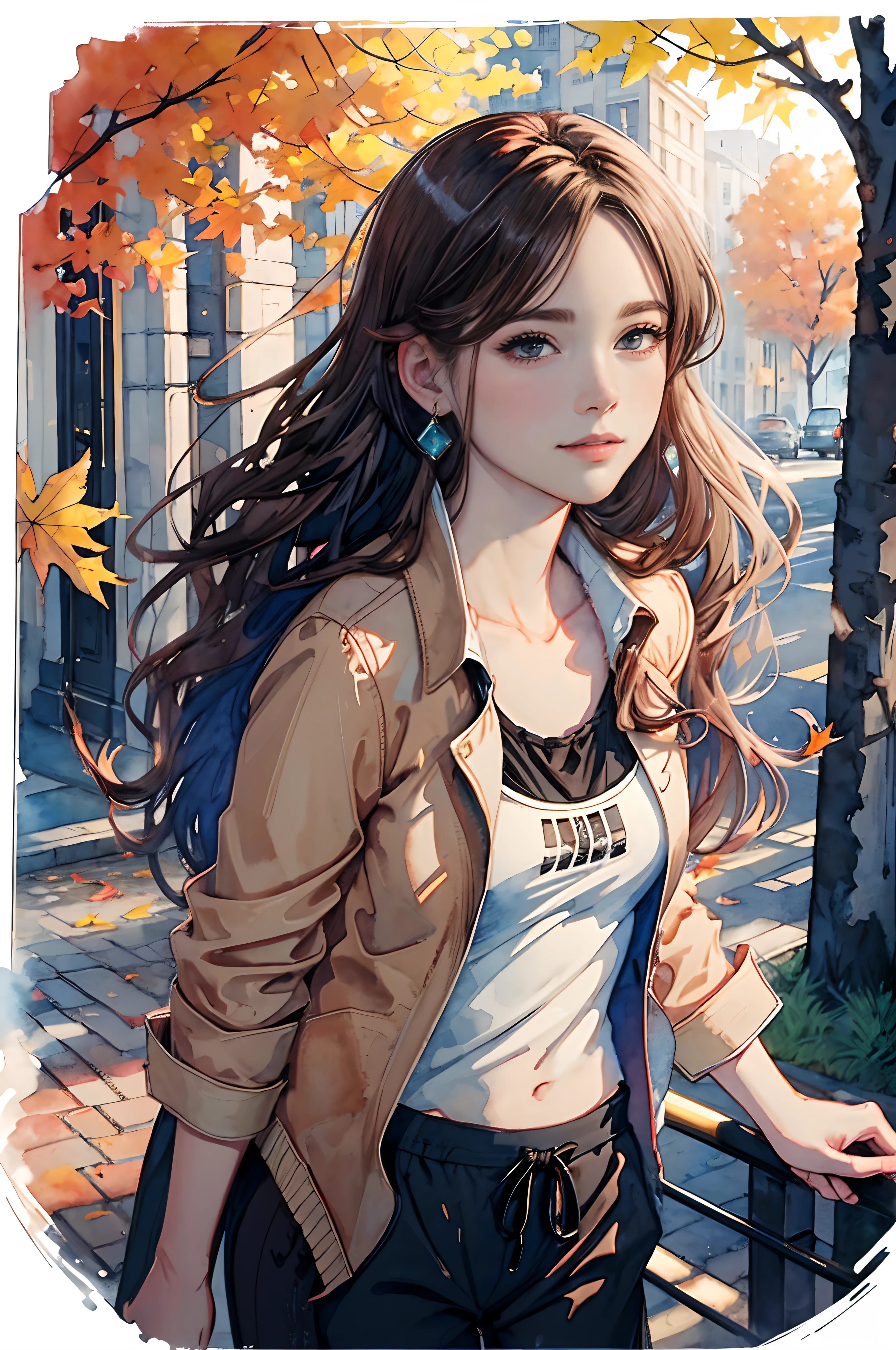 8K, masutepiece, Highest Quality, a closeup , 1 woman at 20 years old,A slight smil, Long wavy hair,City walk in autumn,Street Trees, Evening glow,Portrait, watercolor sketch, Falling leaves flutter, watercolor paiting(/Medium/), watercolor paiting, (Blouse without a plain white collar), (Brown jacket:1.3),(Black Palazzo Pants:1.3),watercolor paiting