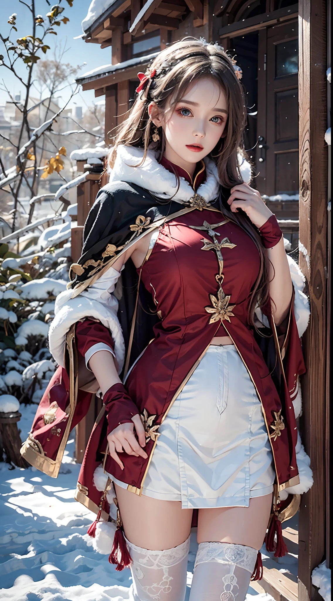 photorealistic, masterpiece, photorealistic, high resolution, soft light, hips up, Lolita costume，Cloak (Snow, Outdoor activities in winter:1.2)