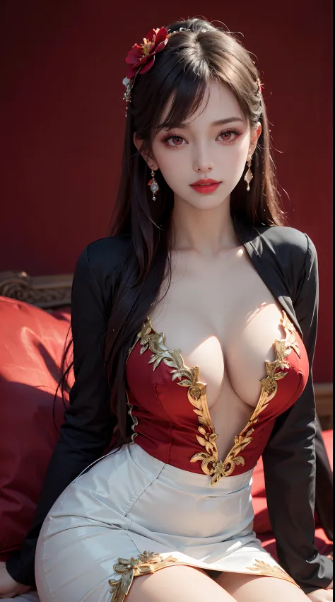 "1 beautiful girl in traditional costume, wearing a traditional Chinese ao dai in luminous red, Ao dai with red as the main color, black chest border and gold border, long hair and white bangs, hair jewelry most detailed and beautiful, Super cute little fa...