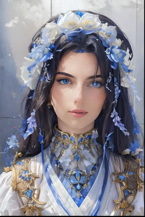 Close-up of a woman in a blue and white dress, a beautiful fantasy empress, a beautiful fantasy empress, a handsome female, Beau...