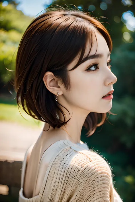 profile,Woman staring into the distance,Brown-haired short bob、Beautiful profile、piercings