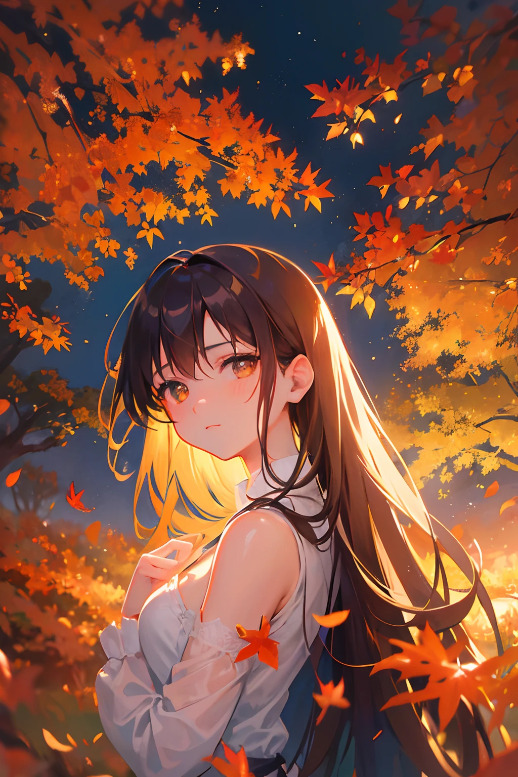 Create exquisite illustrations reminiscent of Makoto Shinkai's style, It has ultra-fine details and top-notch quality. Create an illustration featuring an enchanting scene where vibrant autumn leaves dance through the air, and a young girl is captured within this captivating moment. The backdrop should be a picturesque landscape, with trees adorned in brilliant shades of red, orange, and gold, their leaves rustling in the gentle breeze. The setting should exude a dreamlike and nostalgic atmosphere, as if time has momentarily paused to appreciate the beauty of nature's transition. The girl should be depicted in a way that reflects her awe and wonderment in the presence of this magical autumn spectacle.