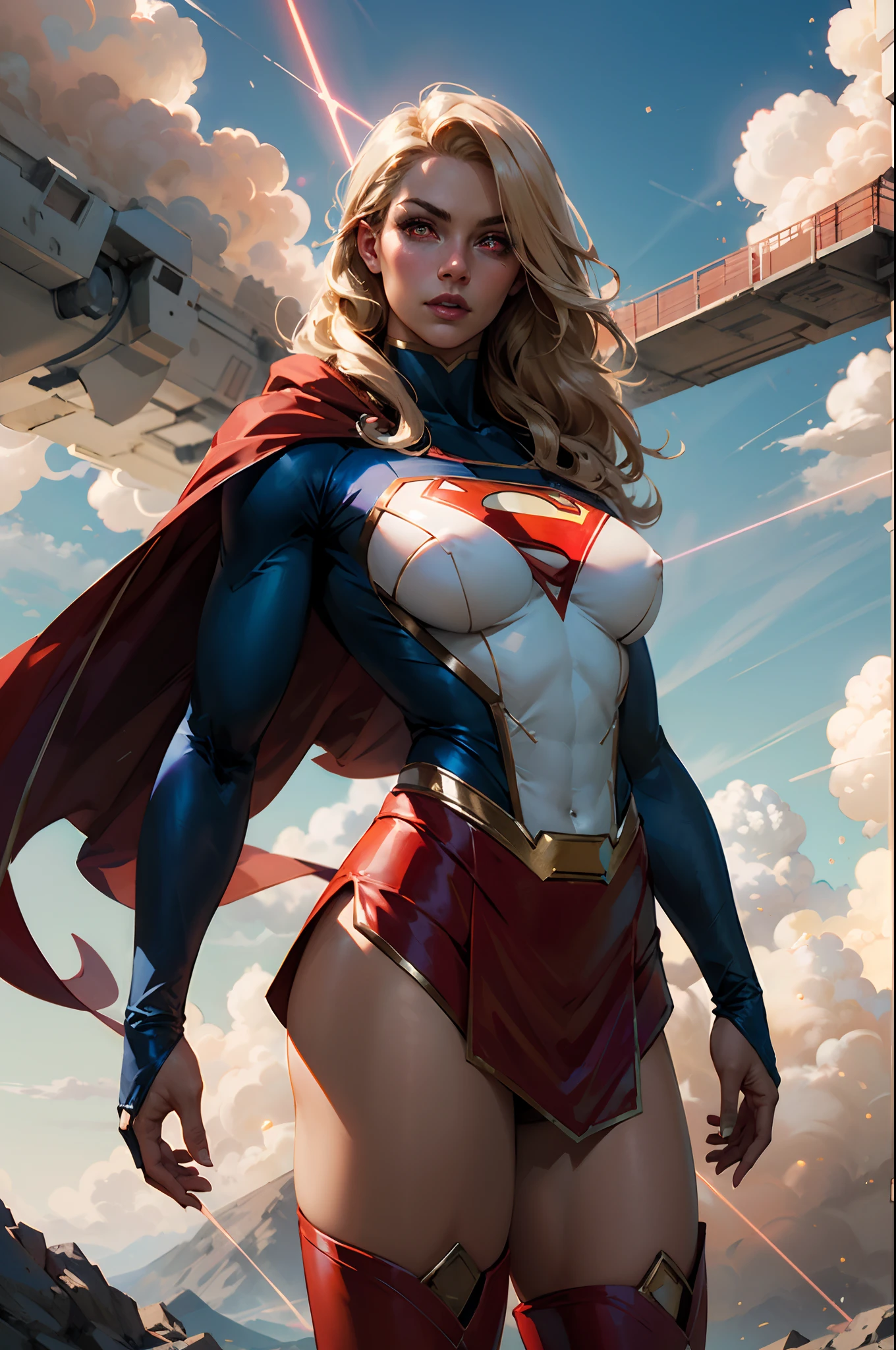 nijistyle, Tir de cowboy d&#39;une belle femme en costume de Superman, longs cheveux blonds, Héroïque, yeux rouges brillants, yeux laser, cap, particule, des nuages, skyporn, jupe rouge, bottes rouges, pose sexy, gros pis,