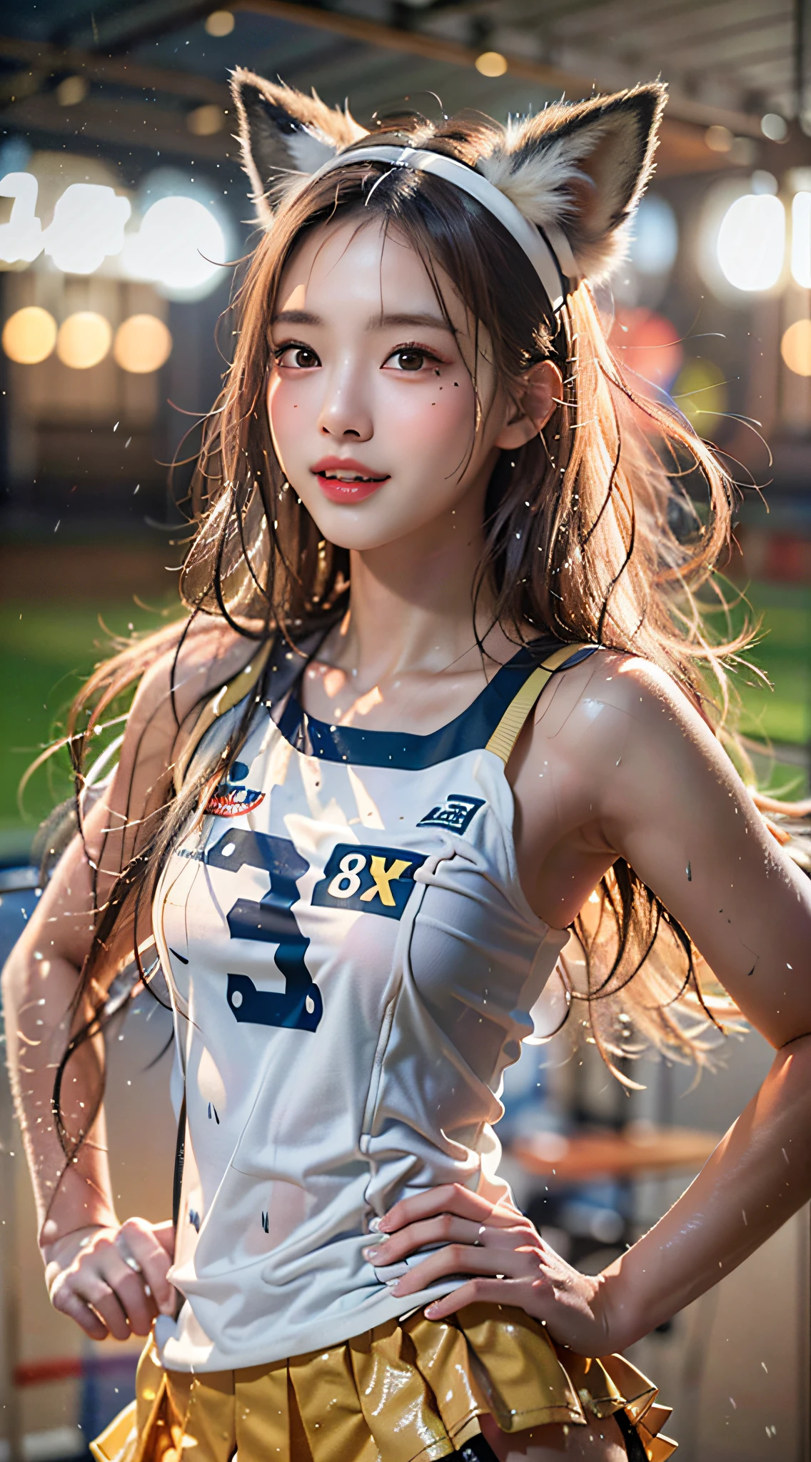 (8k, highest quality, high resolution), (photo realistic:1.4), (hyper realistic:1.4), (realistic:1.3), (smoother lighting:1.05), (1girl:1.3), inside the stadium, cheerleader, The upper part of the body, (body wet with sweat, face wet with sweat: 1.3): 0.2, Beautiful face:1.2, medium breasts, ruffled miniskirt, knee-high boots, 18 years old, very detailed face:1.37, makeup, lipgloss, face focused, standing, small face, looking forward, wearing a garter belt, fox ear headband, toned hips, smile:1.3