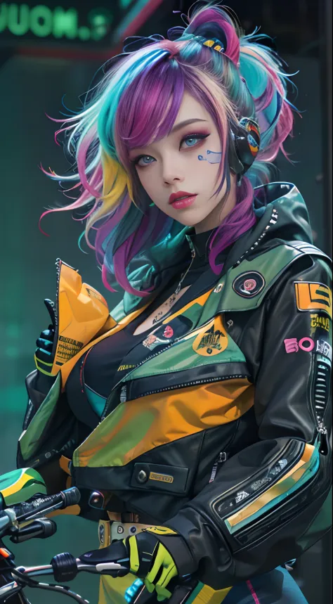 Masterpiece, Best quality, Confident cyberpunk girl, Full body shot, ((Stand in front of the motorcycle)), Popular costumes in H...