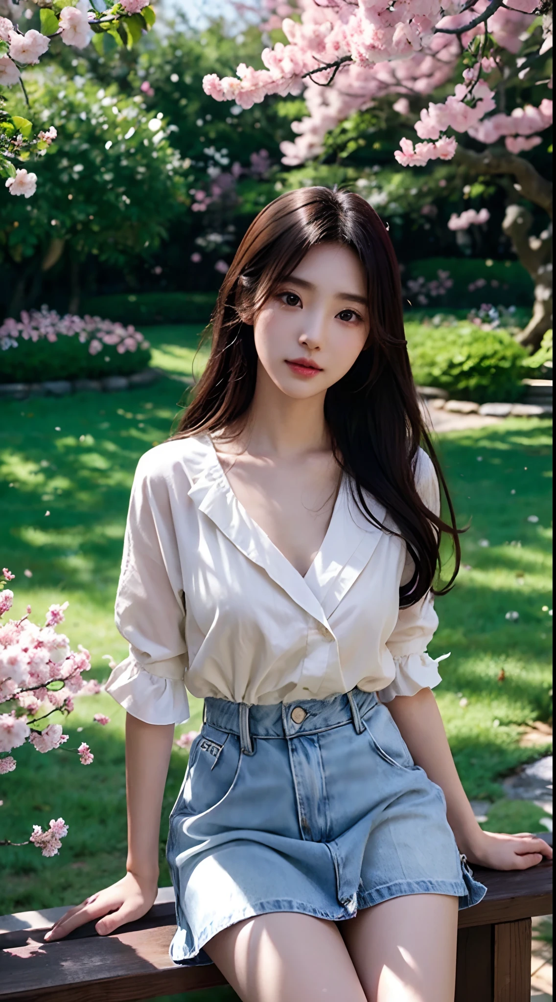 Best quality, 4K,8K,Realistic, Photorealistic, extremely detaile, An extremely delicate and beautiful, RAW photo, Japanese and Korean beauties，South Korean beauties，Wear JK, ，Large breasts，(Beautiful detailed eyes,beautiful detailed lips,Extremely detailed eyes and face,long eyelasher), Beautiful hair, joyful expressions, Surrounded by cherry blossom trees, It has a kawaii anime style, In a picturesque garden full of sunshine. The artwork is of the best quality, With ultra-detailed features and realistic, Realistic touch. vibrant with colors，The lighting creates a warm atmosphere, Dreamy atmosphere.