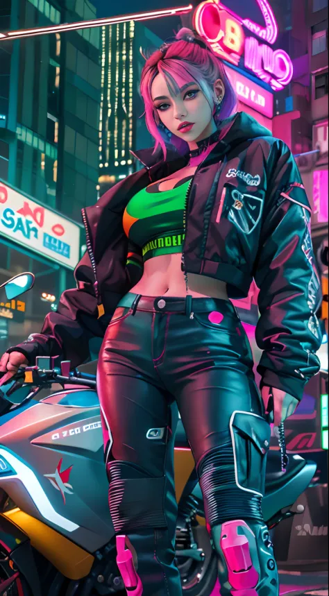 masterpiece, best quality, confident cyberpunk girl, full body shot, ((stand in front of the motorcycle)), popular costumes in h...