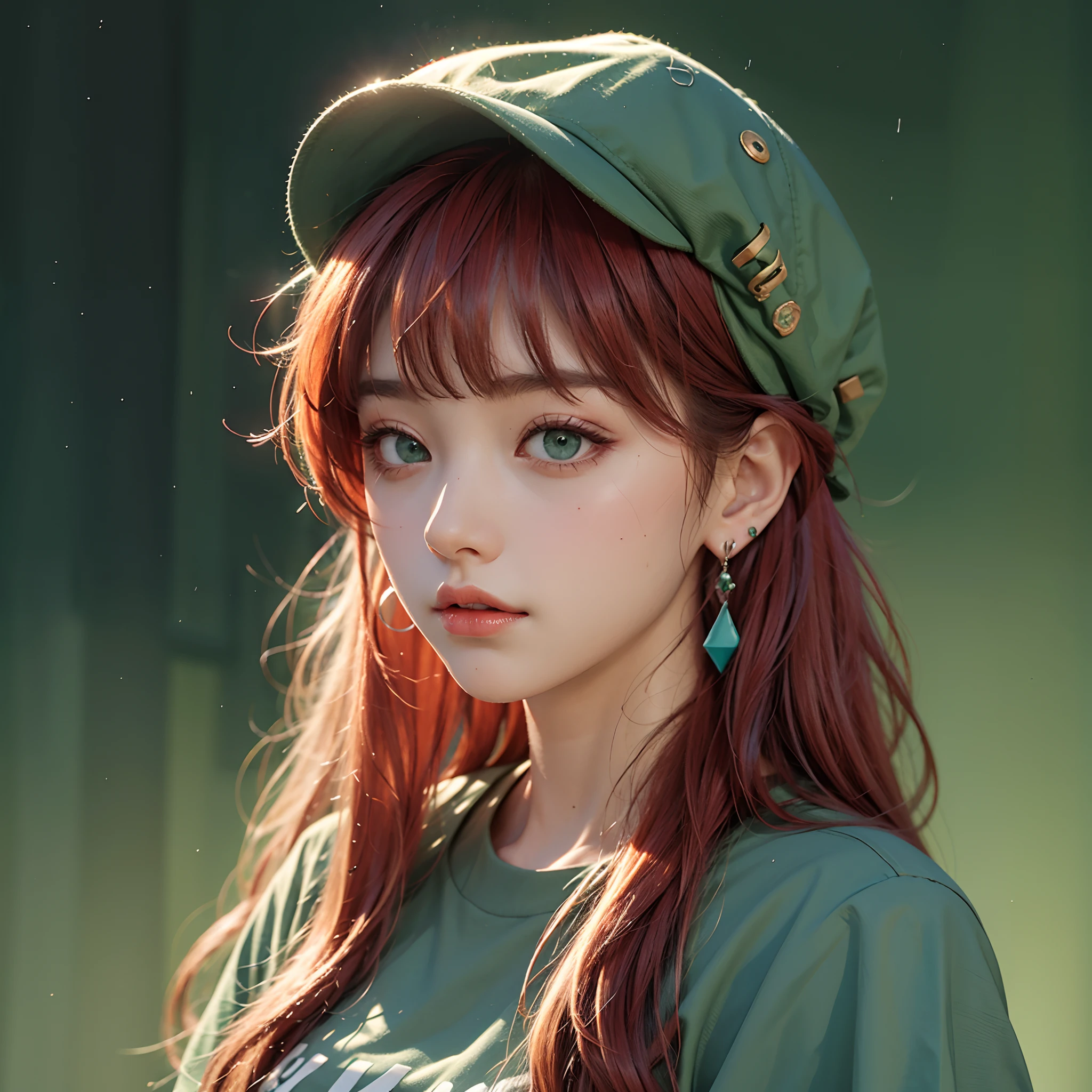 Girl, red long hair, bangs, green eyes, cap, earrings, T-shirt, rain background  5.2 --auto --s2