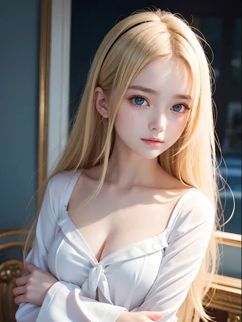 15 year old beautiful girl、matchless beauty、half smile、silky shiny skin、Pure white beautiful skin、Medium chest、bustshot、a sailor suit、shiny silky bright blonde super long hair,,,、Cute girl with the most beautiful face in the world、Big eyes shining in beaut...