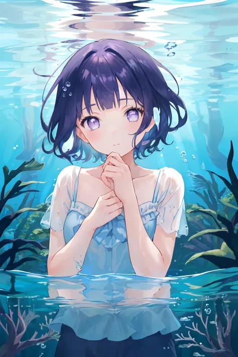 1girl, (sleepeace:0.9), head tilt, (underwater,underwater theme,underwater forest, reflection:1.2), upper_body, short_cut_hair,B...