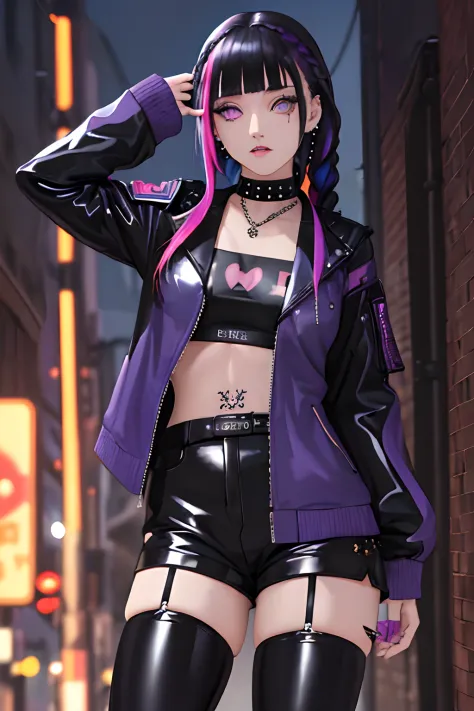 (best quality, masterpiece), 1girl, (piercing:1.3), thighhighs, latex shorts, tattoo, long hair, night, alley, jacket, braid, mu...