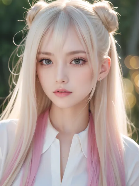platinum-blonde-hair、long straight hair、verd s eyes、Transparent white and wet nightgown、European youth、perfect bodies、face perfect、Bright makeup、Thin pink lips、Girl in the shower、1 girl in、Unbuttoned shirt、lipsticks、Hair buns、Colored inner hair、deceptive a...