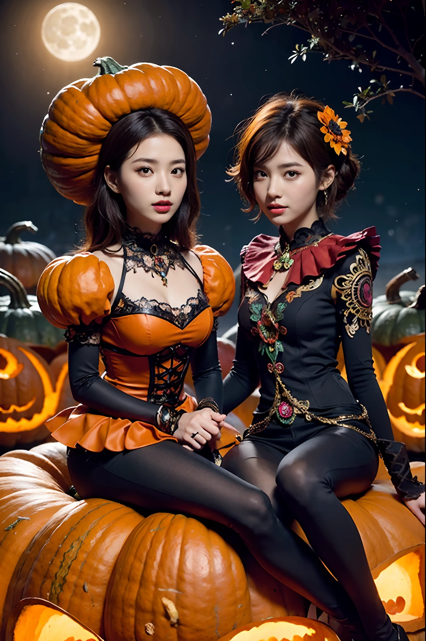 bust shot,detailed face:1.4,a couple of lesbians sitting together on (giant pumpkin:1.4),fantastical world,fantasy,leering:1.3,(alebrijes art style), elegant pose,xxmix girl women,moonlight,(ulzzang-6500-v1.3,pureeroface_v1,octane render)