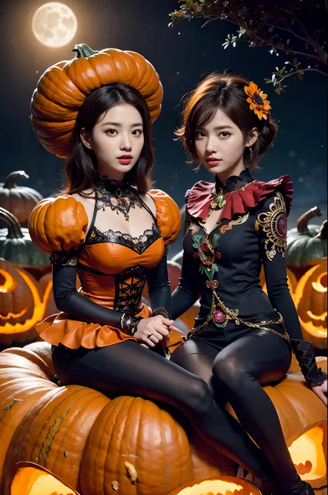 bust shot,detailed face:1.4,a couple of lesbians sitting together on (giant pumpkin:1.4),fantastical world,fantasy,leering:1.3,(...