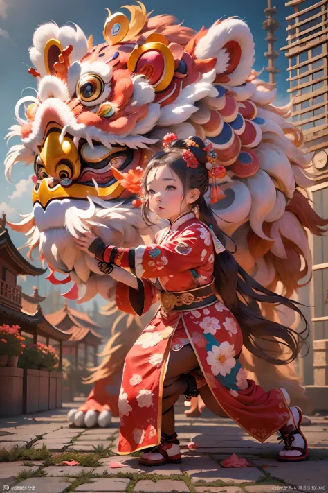 china-style，lion dance girl，highly detailed surreal vfx，smudge，faraway view，super-fine，ultra - detailed，high qulity，8k ，oc rende...