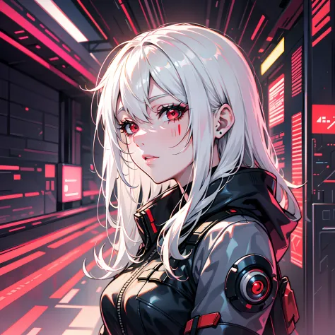 Bright and colorful colors，white-haired girl，Heightened sexuality，cyberpunk character，red-eyes ， Fine lines